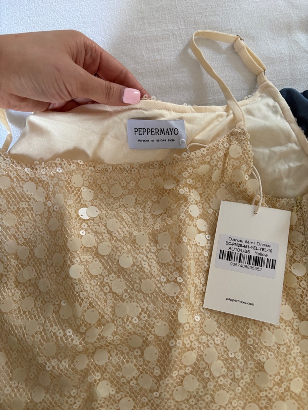 NWT Peppermayo Butter Yellow Sequin Spaghetti-Strap Mini Dress - Picture 3 of 3